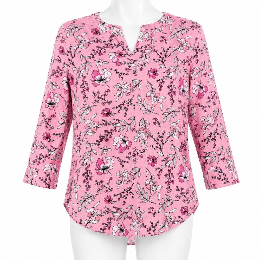 Van Heusen Blouse Women XS Pink Floral 3/4 Sleeve Notch Neck Woven Feminine